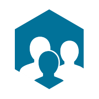 Blue hexagon with outlines of three people encompassed inside it