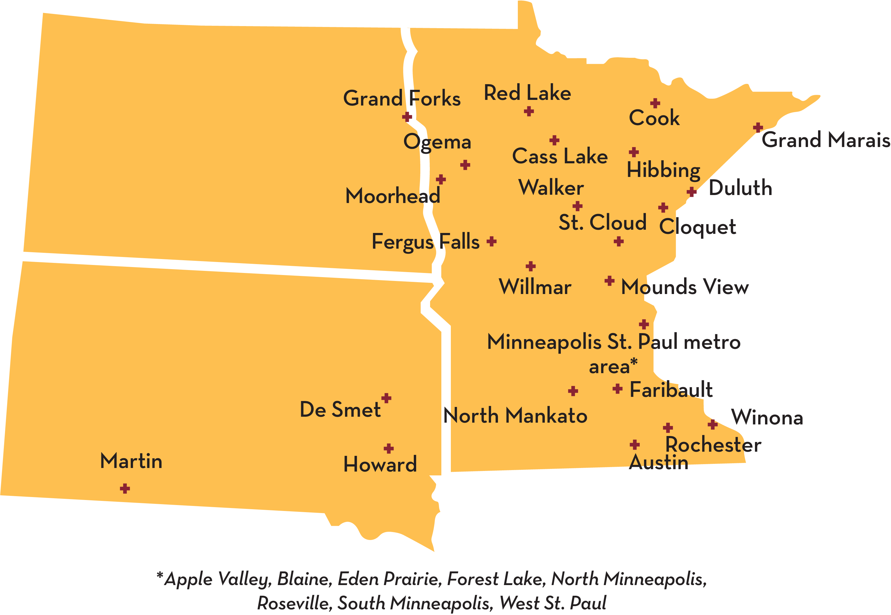 Map of North and South Dakota and Minnesota identifies 25 Outreach locations.