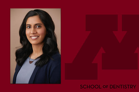 Headshot of Aruna Rao on a School of Dentistry branded background