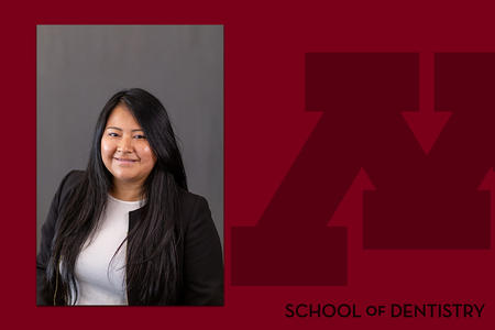 Headshot of Cynthia Duta-Llangari on a School of Dentistry branded background 