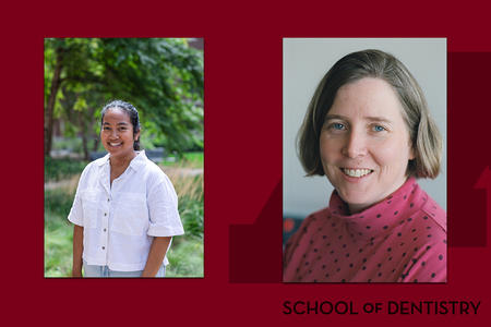 Headshots of Dira Putri and Shelley Grimes on a School of Dentistry branded background