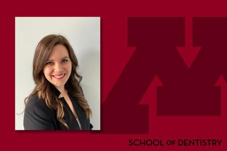 Headshot of Kristina Astleford Hopper on a School of Dentistry branded background