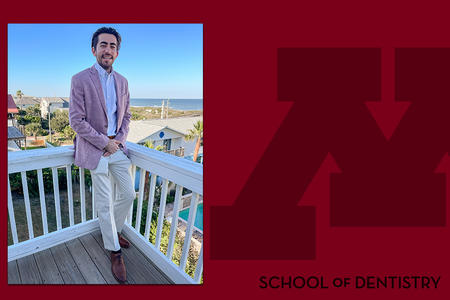 Photo of Alex Tabatabai standing on a balcony, set on a branded background
