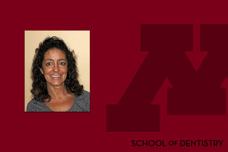 Headshot of Gina Radeck on a School of Dentistry branded background