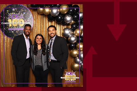 Image of three students at ADEA on a branded background