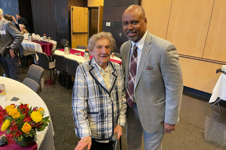 Dr. Anna Hampel and Dean Keith Mays pose for a photo