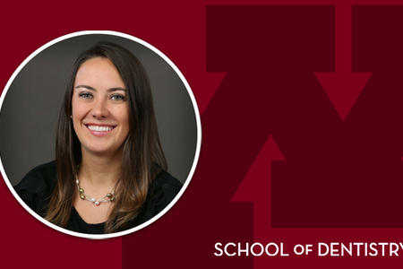 Headshot of Angela Hastings on a School of Dentistry branded background
