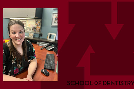Headshot of Danna Paulson on a School of Dentistry branded background