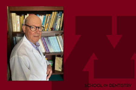 Headshot of Daniel Menser on a School of Dentistry branded background