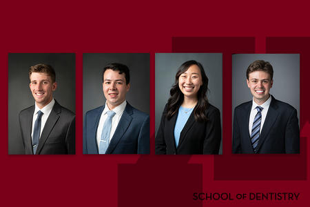 Headshots of four students on a School of Dentistry branded background