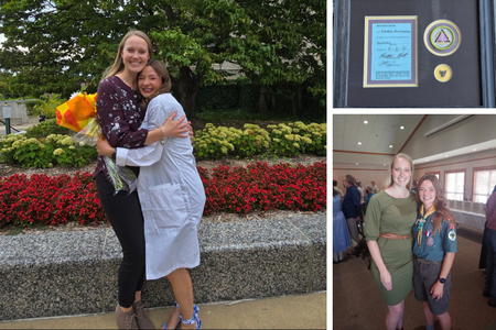 Collage of photos of Muhlenkamp and Holt at White Coat Ceremony and Eagle Scout Ceremony, plus framed merit badge