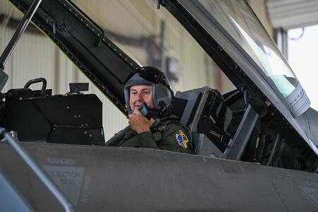 Zupancic sits in the cockpit at his F-16 retirement flight