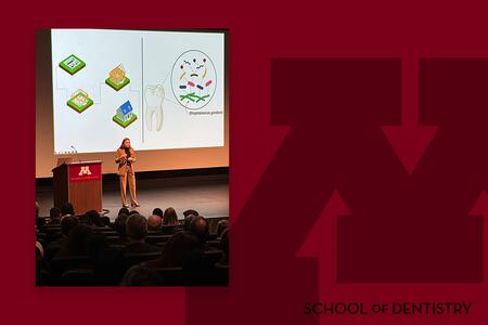 Lauren Kress presents onstage at the 3 Minute Thesis embedded on a branded background