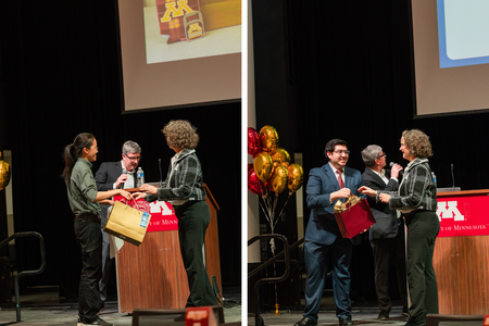 Sara Ong and Johan Alfaro Caballo receive their awards onstage at Research Day