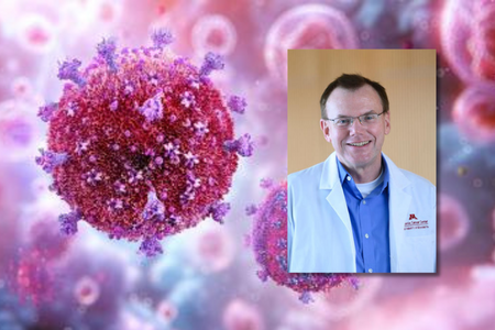 Headshot of Lou Mansky on a stock image of a virus