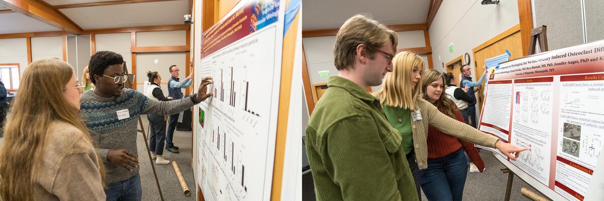 Student learners presenting and discussing their findings on poster boards of their research projects