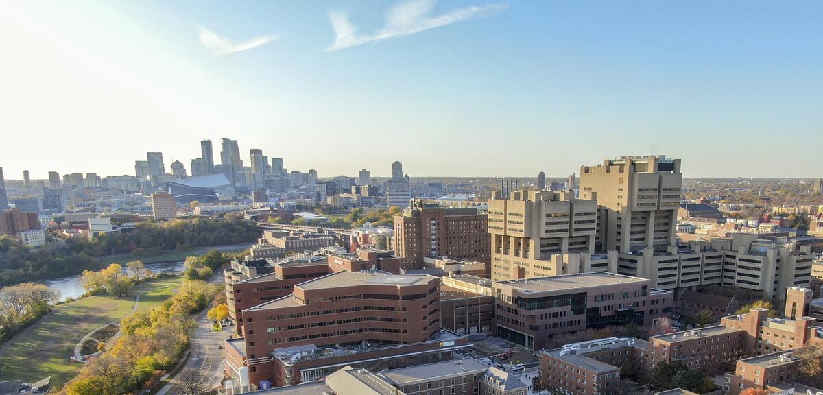 East Bank campus with Moos Tower on a sunny day
