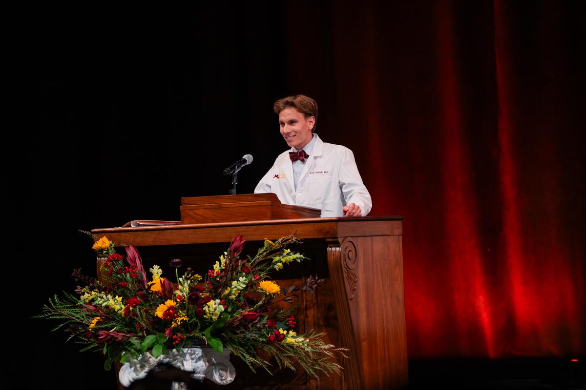 Andy Aldrich speaks from the podium