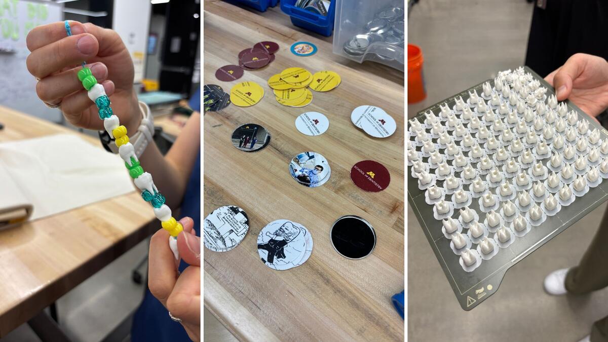 Collage of phiotos of tooth keychains, button materials and 3D printed tooth models