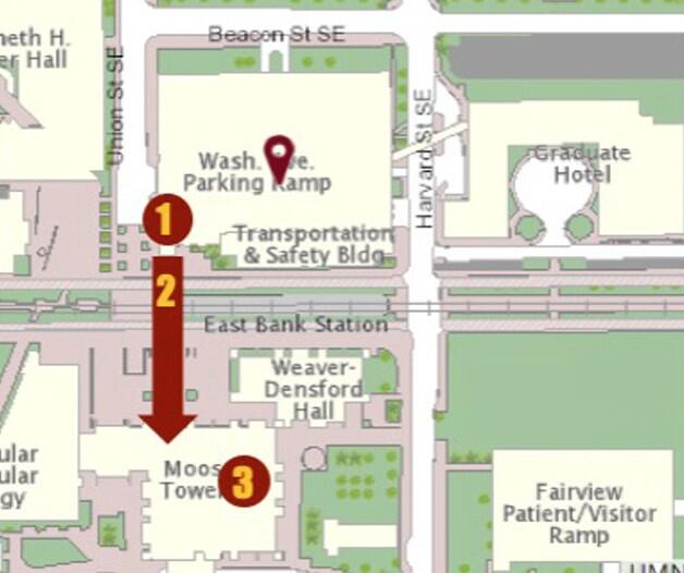 map with numbered steps outlined below for getting into moos tower