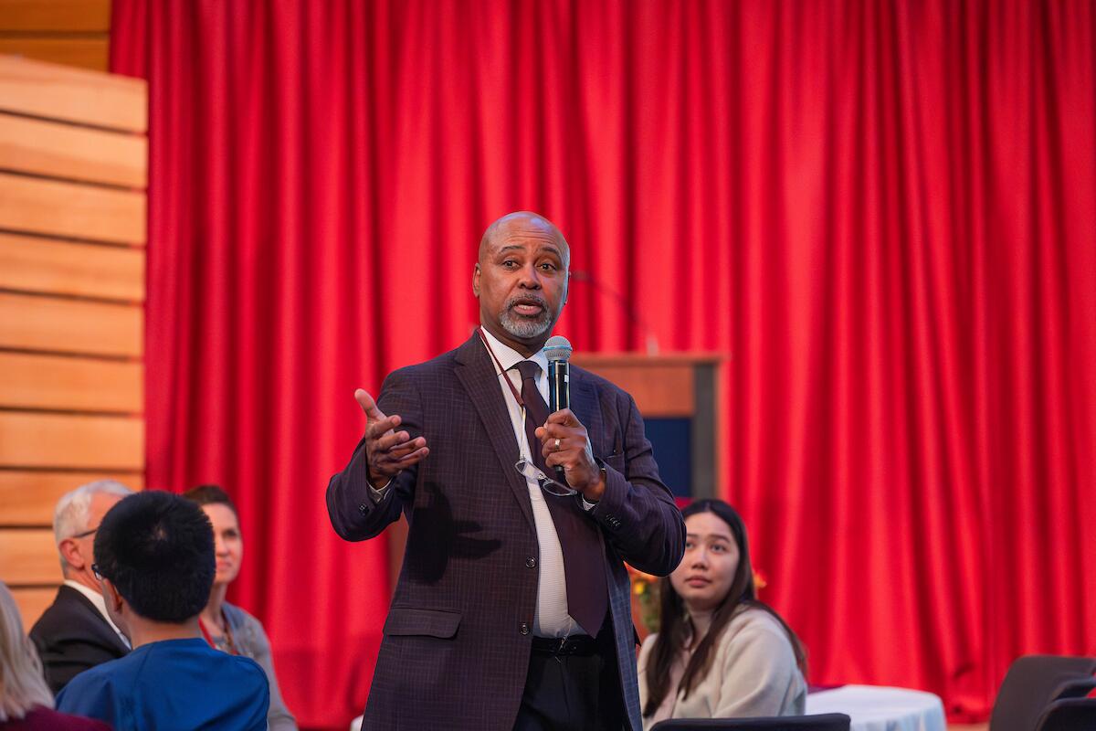 dean keith mays addresses the room at the all school and alumni reception
