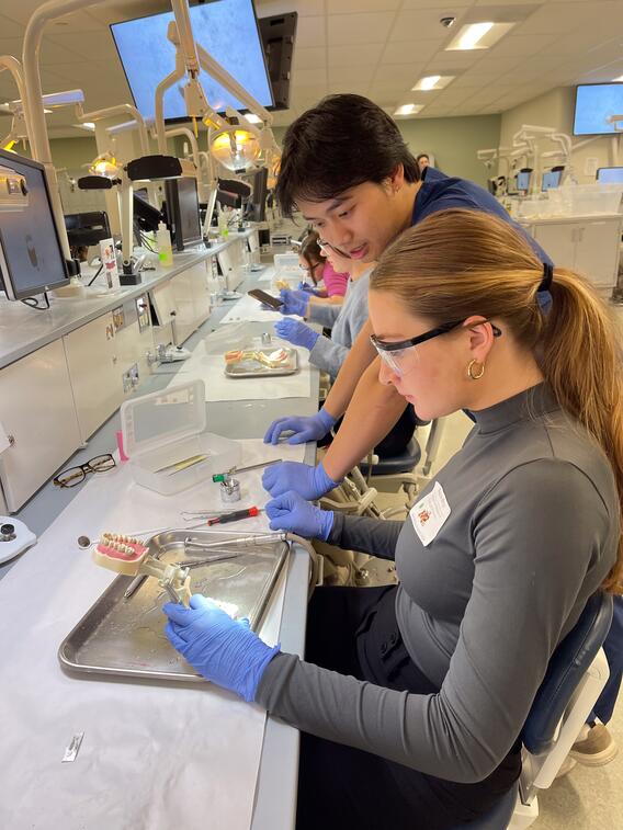 An attendee and a DDS student work in the lab together