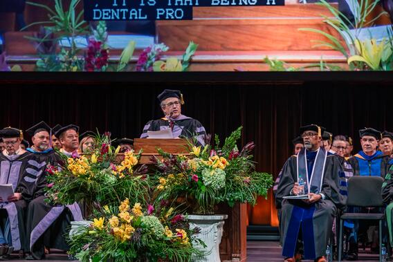 Michael Zakula speaks at commencement