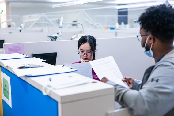 Students review a case study in the cubicle