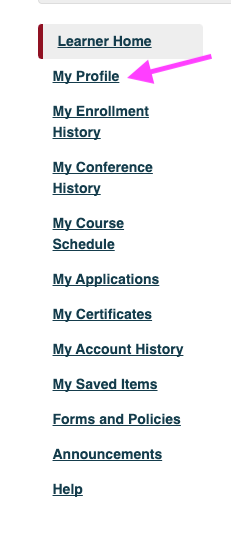 Learner Home - pointing to My Profile