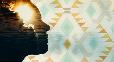 side profile of a person with a sunset overlay on a tribal print background