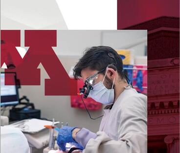 Man in surgical mask and illuminating glasses holds dental tools