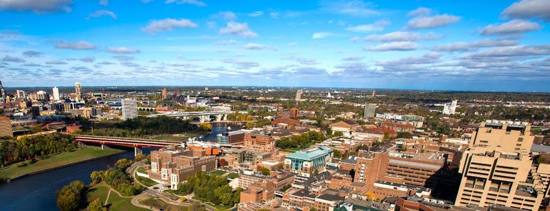 aerial view of the East Bank campus with Mississippi River