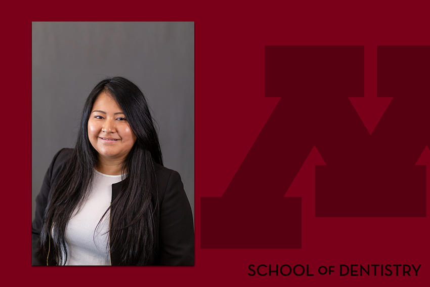Headshot of Cynthia Duta-Llangari on a School of Dentistry branded background 