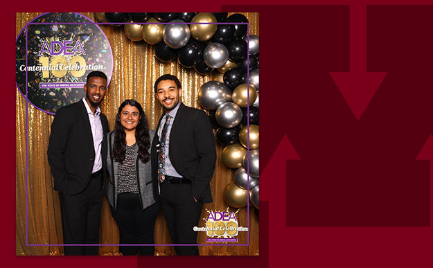 Image of three students at ADEA on a branded background