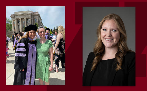 Photo of Hunter Juve with Natalie Peterson at graduation, and a headshot of Megan Doughty, on a branded background