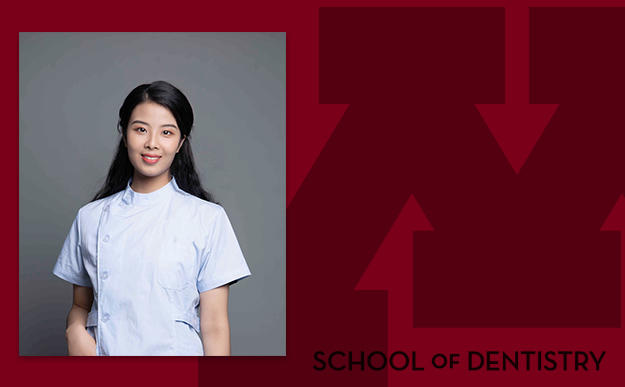 Headshot of Xin Du on a School of Dentistry branded background