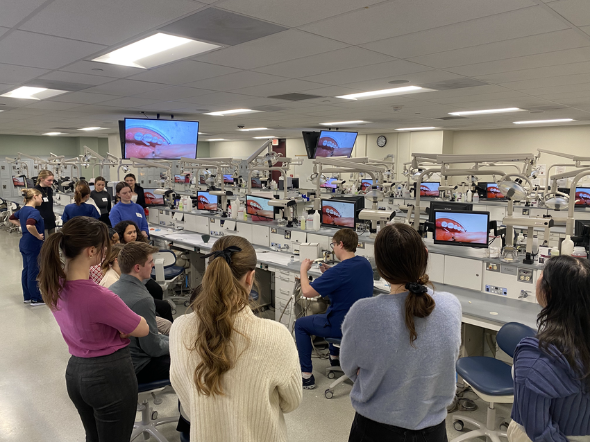 Attendees watch a dental student work in preclinic