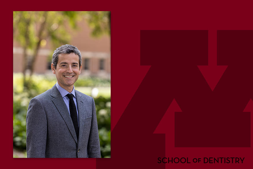 Headshot of Augusto Saldarriaga on a School of Dentistry branded background