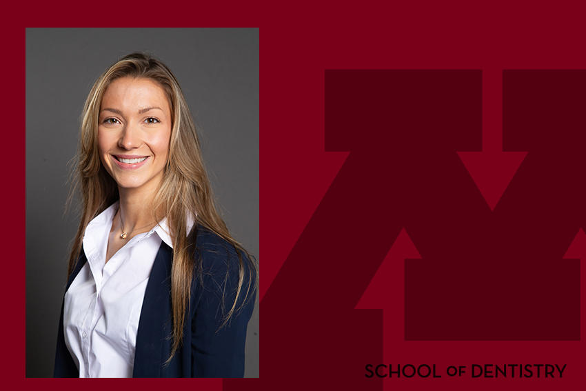 Headshot of Ave Koenig on a branded School of Dentistry background