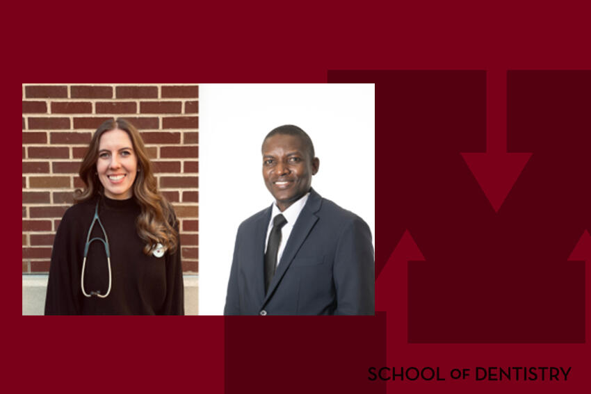 Headshot of Sara Busche and Adebayo Ibikunle on a branded background