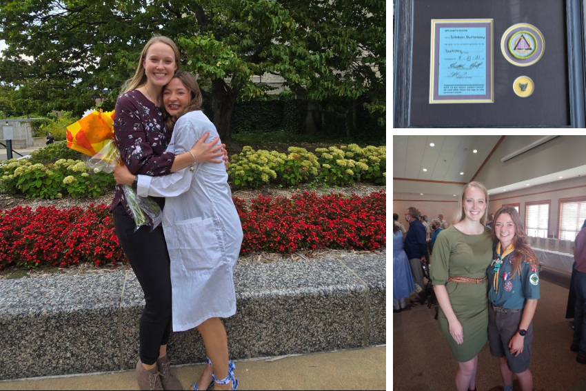 Collage of photos of Muhlenkamp and Holt at White Coat Ceremony and Eagle Scout Ceremony, plus framed merit badge