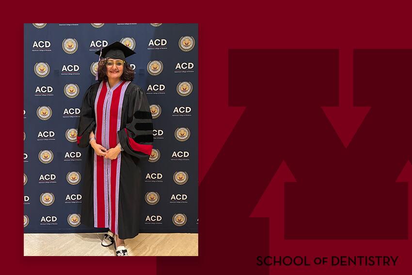 Photo of Tamanna Tiwari in regalia on a School of Dentistry branded background