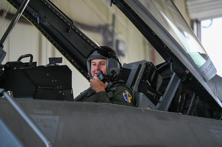 Zupancic sits in the cockpit at his F-16 retirement flight