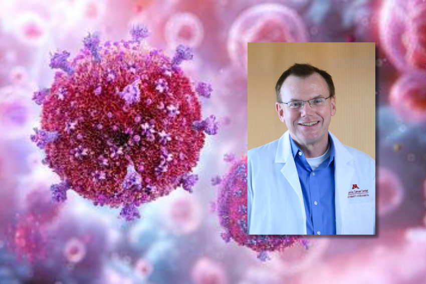 Headshot of Lou Mansky on a stock image of a virus