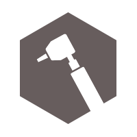 Gray hexagon with a dental tool illustrated in it