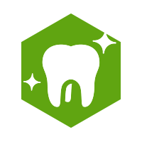 Tooth and sparkles inside a green hexagon