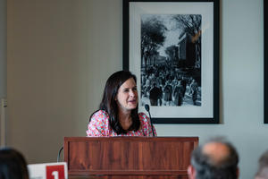 Mercedes Porter speaks from a podium